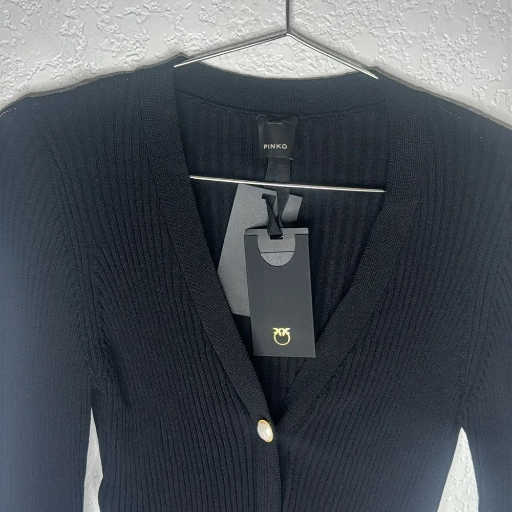 NWT Pinko Pallamano Cardigan Black with Pearl Button Distressed Cropped Large_4